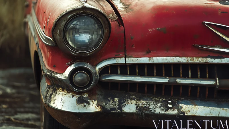 Close-up of rusted red vintage car front and chrome trim.