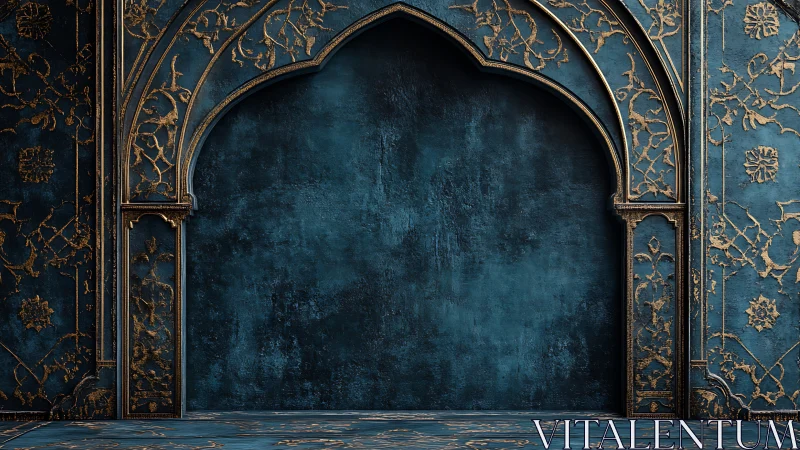 Ornate teal archway frames weathered textured wall