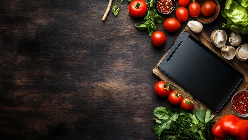 Digital tablet rests by fresh tomatoes and herbs on wood
