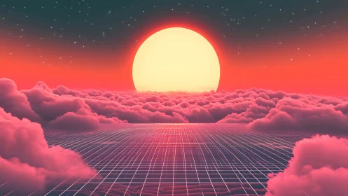 Sunset above neon grid plane under starry gradient sky
