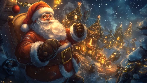 Digital painting of festive Santa above illuminated village street.
