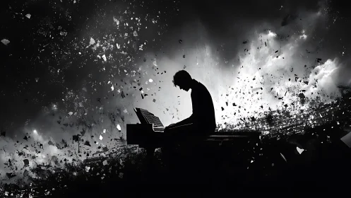 Silhouette pianist amid exploding monochrome fragments.