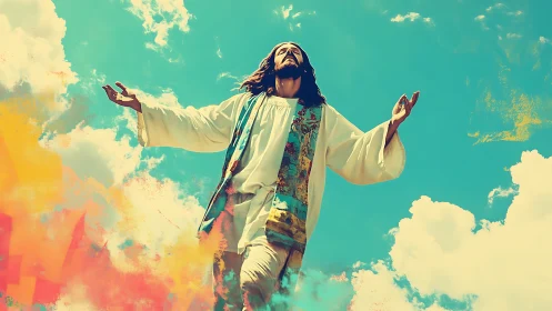 Radiant robed figure lifting open arms into painted sky.