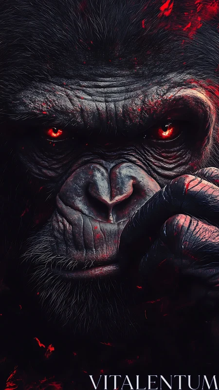 Close-up digital portrait of gorilla with fiery red eyes.