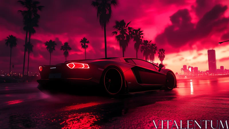 Low-angle supercar render under neon magenta coastal storm sky