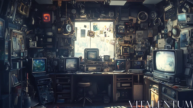 Vintage electronics workspace displays multiple CRT monitors