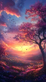 Luminous valley sunset beneath magenta blossom trees and birds