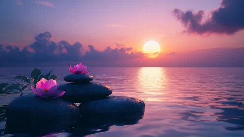 Stacked stones and lotus flowers sit before a calm ocean sunset