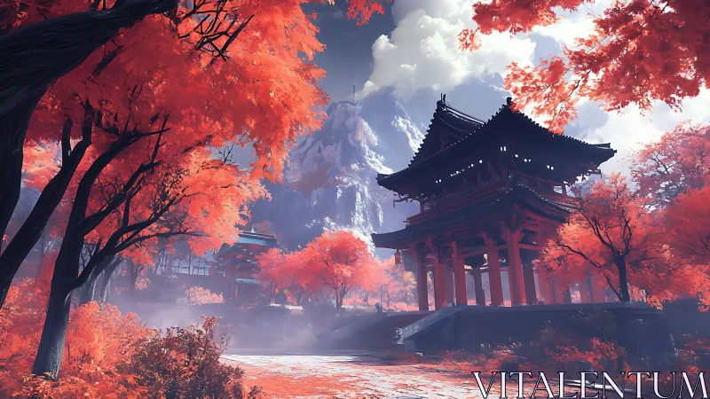 Radiant vermilion temple amid spectral alpine foliage study.