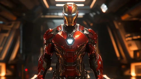Armored red mech warrior glows within metallic corridor