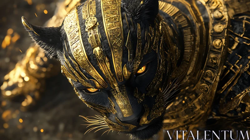 Ornamental Black Feline with Gilded Ceremonial Armor.