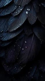 Dark bird feathers layered in close-up with water drops.