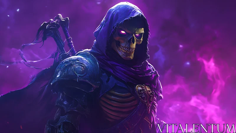 Necromantic skeletal warlord in luminous magenta etherfield.