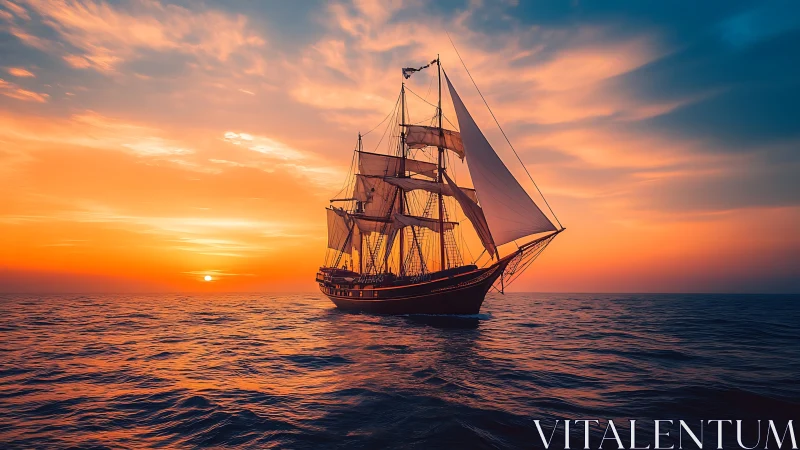 Tall ship crosses open sea under vivid burning sunset sky