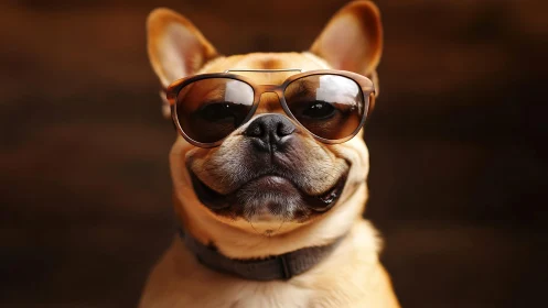 Bulldog wearing sunglasses against dark blurred backdrop.