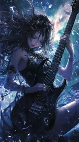 Dynamic anime guitarist rendered in high-contrast luminescent shards