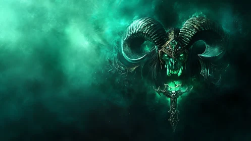 Demonic horned skull with glowing green energy in mist