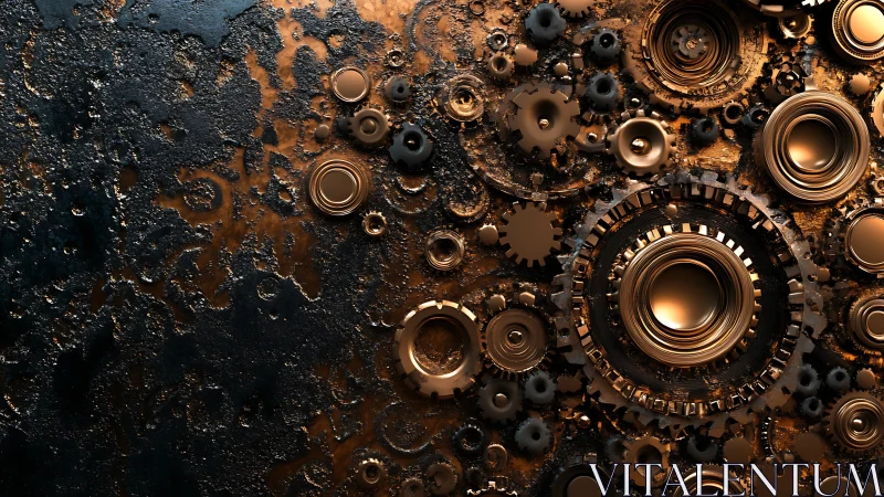 Bronze mechanical gears interlock over dark textured steel.