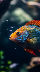 Colorful tropical fish in side profile within dark water.