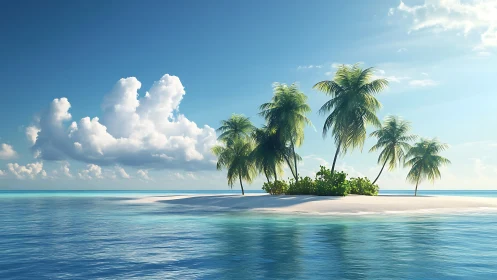 Isolated Tropical Island with Palm Trees Rendered in High-Fidelity 3D Graphics Environment