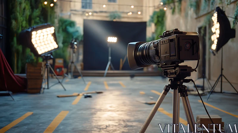 Cozy urban studio with cinematic camera and glowing lights.