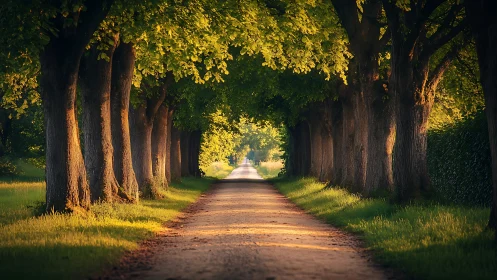 Tree-lined country path under dense summer foliage canopy.