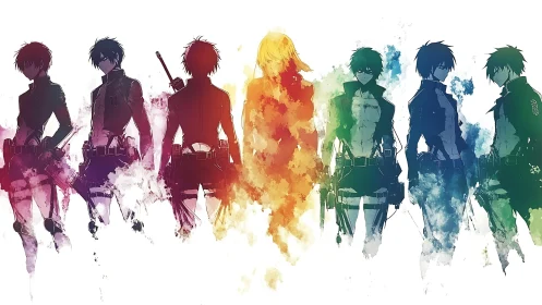 Silhouetted anime fighters in multicolor watercolor row.