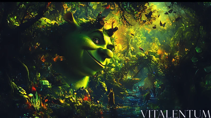Ogre guardian peers playfully through a glowing storybook forest
