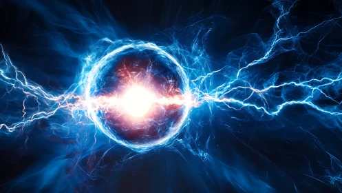 Energetic plasma sphere emits symmetrical blue electric arcs