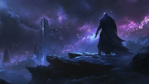 Lone starlit wanderer facing a mysterious cosmic monolith.