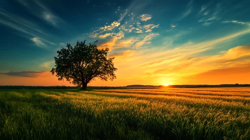 Lone tree over sunlit meadow in panoramic sunset fieldscape.