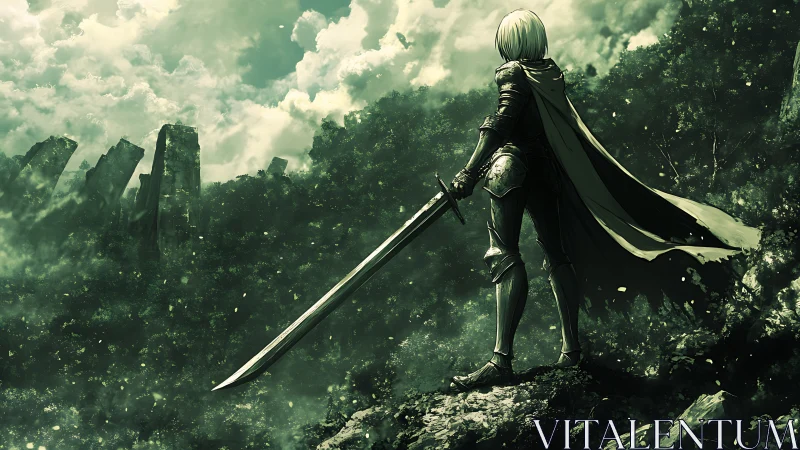 Armored swordsman surveys misty forest cliffs with cinematic backlight