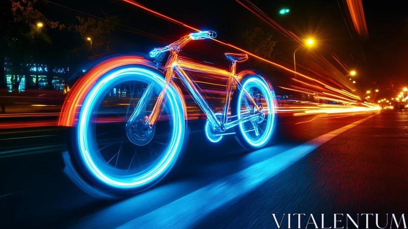 Neon-illuminated bicycle on street at night.