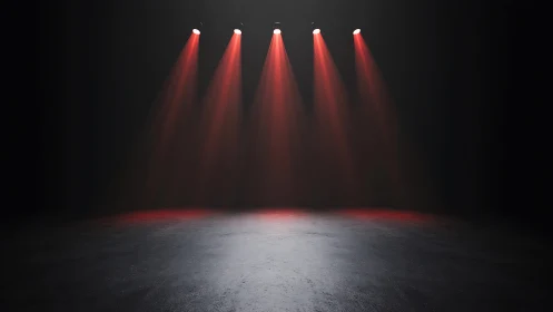 Red stage spotlights casting dramatic beams on floor.