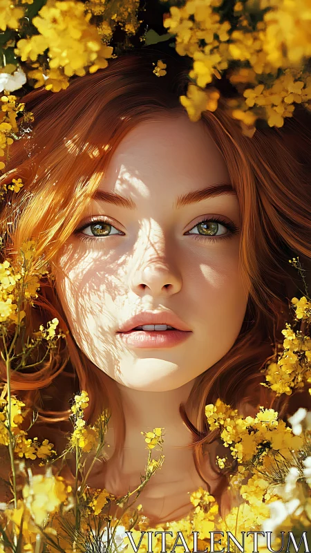 Red-haired woman framed by dense yellow wildflowers in sun