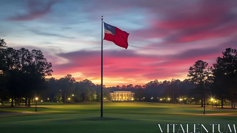 Flag on landscaped lawn before neoclassical building at dusk.
