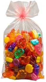 Rainbow Gummy Treasure Bursting from Clear Cellophane.