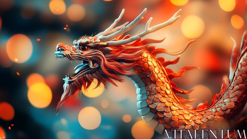 Luminous cyber-dragon coiling through bokeh firelight.