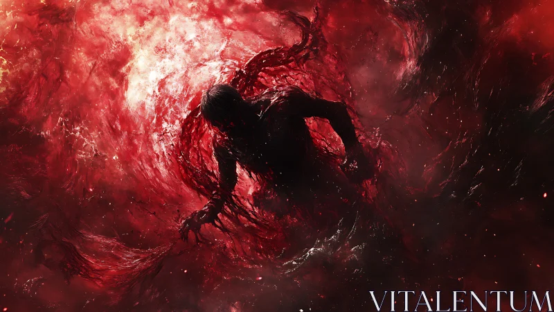 Shadowed figure dissolves into swirling crimson void.