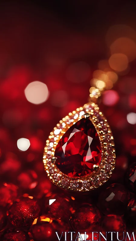 Crimson teardrop ruby pendant amid glowing bokeh jewels.