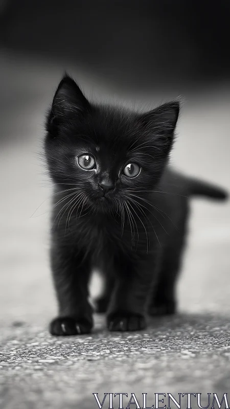 Young black kitten with striking eyes in monochrome portrait.