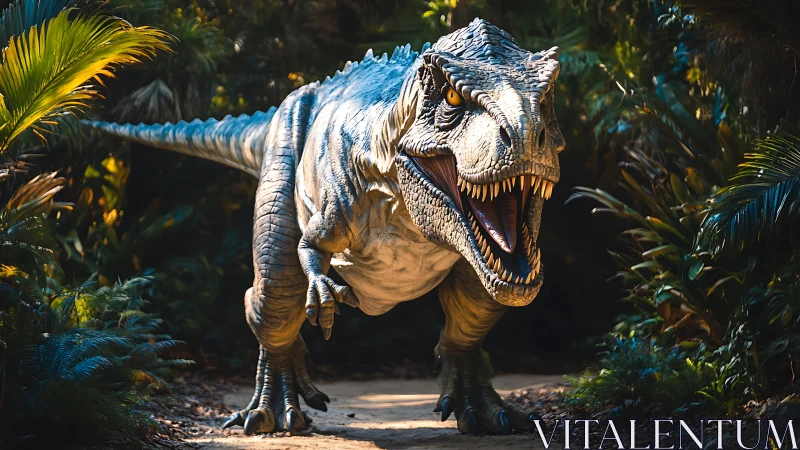 Large theropod dinosaur model stands on forest pathway
