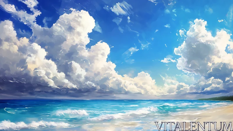 Sunlit shoreline under towering daydream clouds of summer.