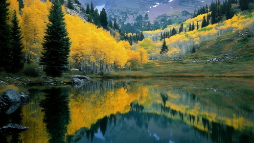 Golden aspens glow around a tranquil alpine lake at dusk