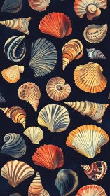 Digital painting study of patterned seashell arrays on navy ground.