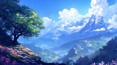 Sunlit mountain valley under vivid blue alpine sky.