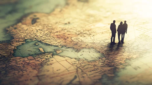 Curious travelers stand together on a softly lit world map