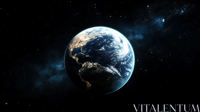 Illuminated Earth terminator over Atlantic in deep-space context.