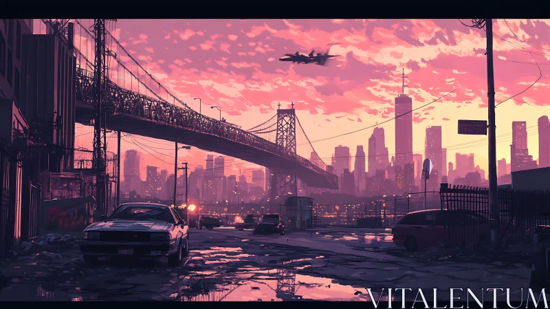 Post-industrial city bridge at dusk rendered in digital painting