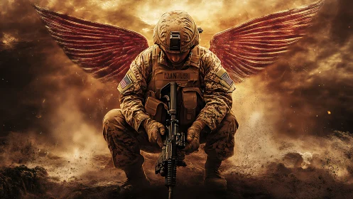 Winged warrior kneels in burning storm of battlefield dusk.